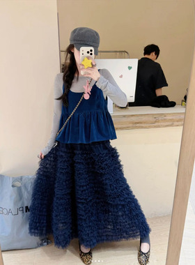 梦幻网纱公主花苞蛋糕纱裙2025秋冬韩国秋季松紧高腰蓬蓬半身裙女
