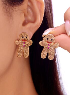 Fashion Christmas Rhinestone Gingerbread Man Earrings for Wo