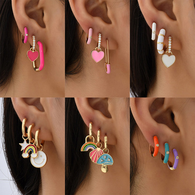 Boho Multicolor Round Piercing Huggie Earrings Set for Women