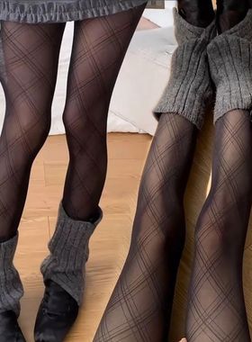 Women Black Silky Pantyhose Tights Vintage Argyle Checkered
