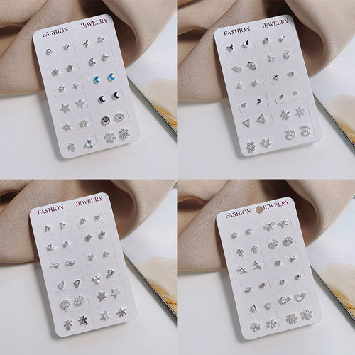 Fashion 925 Silver Needle Moon Star Stud Earrings Set for Wo
