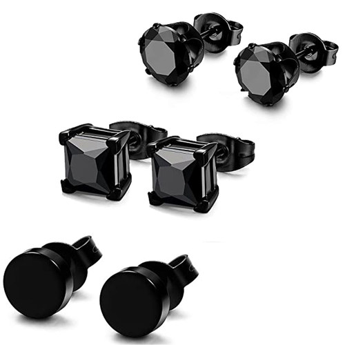 3 Pairs Stainless Steel Black Stud Earrings for Men Women CZ