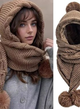 Winter Warm Knitted Hat with Scarf 2-in-1 Women Balaclava Ca