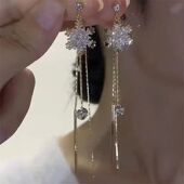 Rhinestone Earrings Snowflake Sparkling Long Tassel for Wome