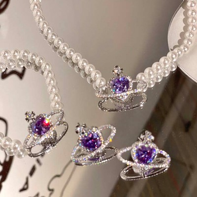 Korea Fashion Women Crystal Elegant Planet Rhinestone Pearl