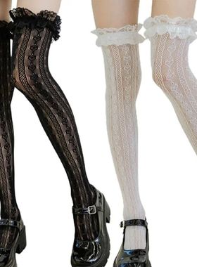 Women Lolita Fishnet Thigh High Socks Style Heart Striped La