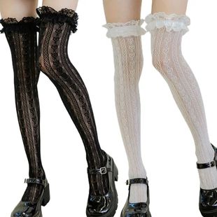 Women Lolita Fishnet Thigh High Socks Style Heart Striped La