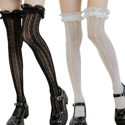Women Lolita Fishnet Thigh High Socks Style Heart Striped La