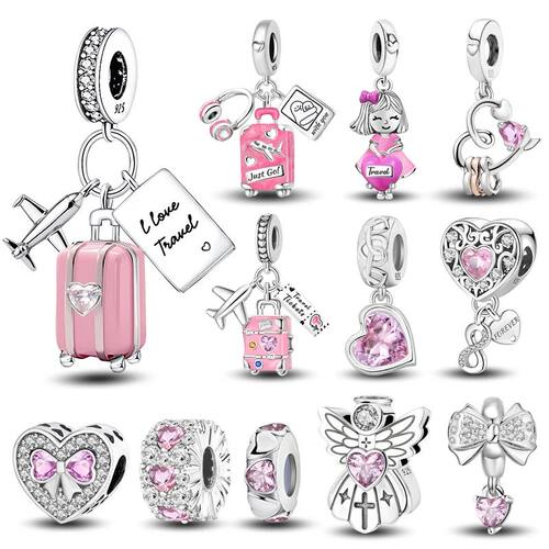 Sterling Silver Pendants Zircon Pink Love Heart Charms Beads