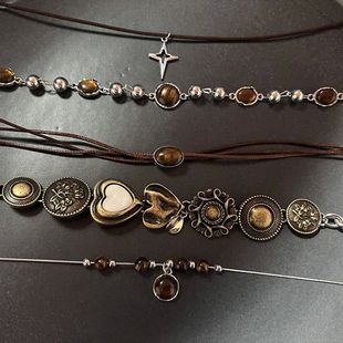 Vintage Leather Brown Stone Pendant Necklace Stacking Choker