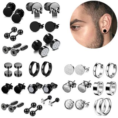Stainless Steel Skull Black Stud Earring Set For Men Punk Ea