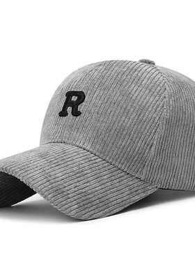 Corduroy Baseball Cap with 3D Embroidered 'R' Letter Solid C