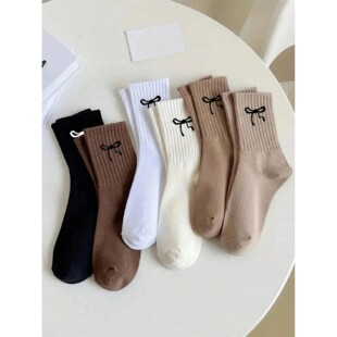 6 Pairs Women Men Solid Color Medium Length Bow Pttern Socks