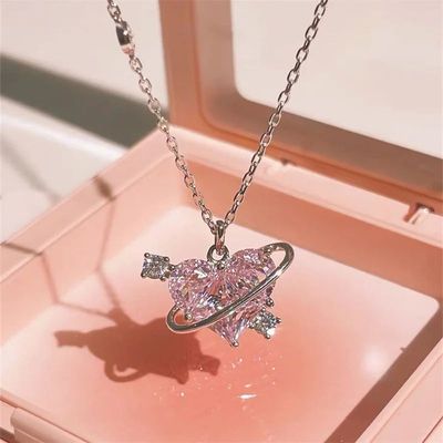 Y2K Pink Planet Heart Zircon Pendant Necklaces WomenAestheti