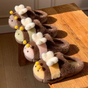 Cute little bee furry slippers for ladies in autumn, cute an