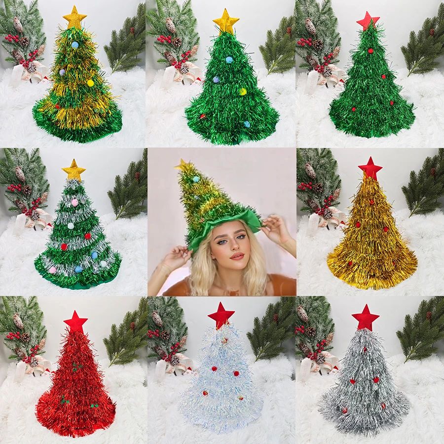 Christmas Tree Hats Fabric Rain Silk Hat for Adults Kids Fun