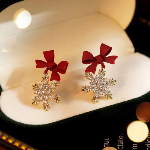 New Red Bow Knot Snowflakes Drop Earring for Women Christmas