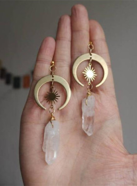 New Hippie Tribal Sun Crescent Earrings Brass Color Witchy J