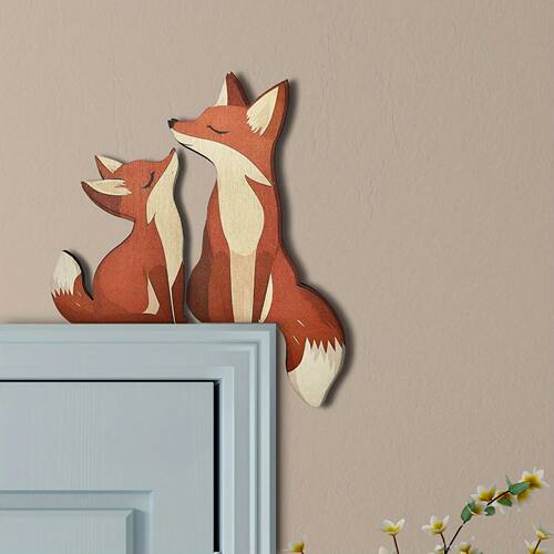 1 Piece Wooden Mother-Son Fox Figurine Door Sign Corner Deco