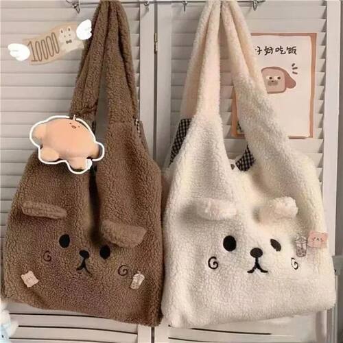 New Winter Soft Plush Tote Bag Women Cartoon Embroidery Imit