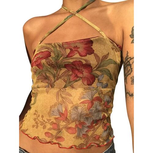 Y2K Mesh Sheer Floral T-shirt Vintage halter Tops Women Slee