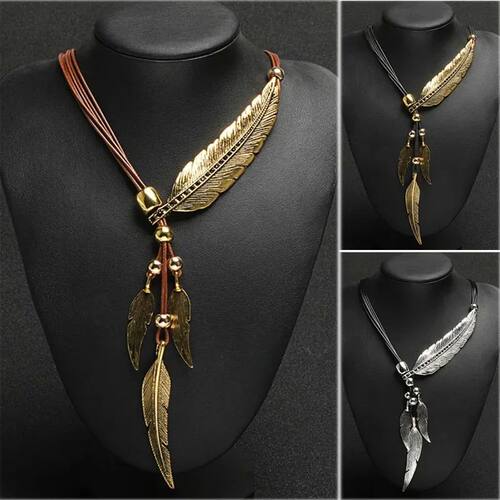 New Bohemian Style Rope Chain Leaf Feather Pattern Pendant f