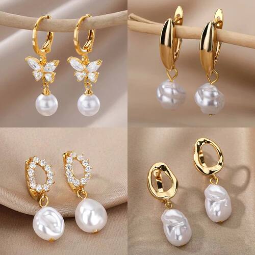 Butterfly Zircon Stainless Steel Pearl Earrings For Women Go