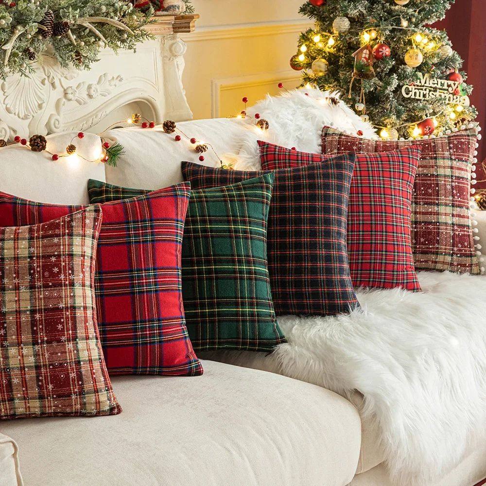 Home Christmas Decor Plaid Cushion Covers Red Checkered Poly