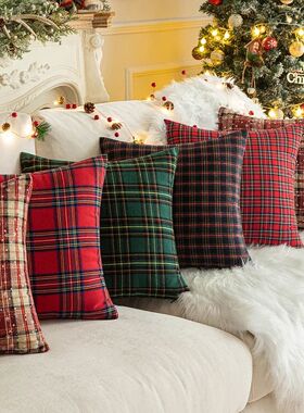 Home Christmas Decor Plaid Cushion Covers Red Checkered Poly