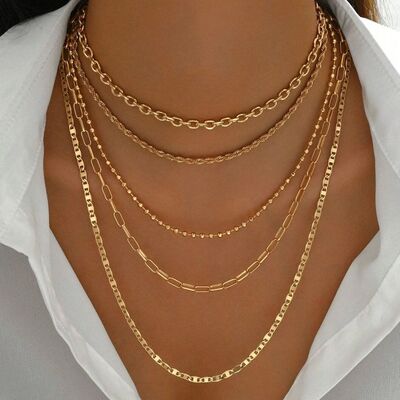 5pcs/Set Simple Braided Bead Chain Necklaces, Gold Tone, Lay