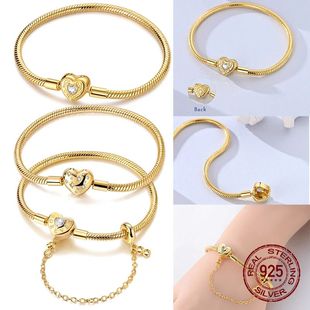 17-20CM Golden Heart Love Key Bracelet 925 Sterling Silver C