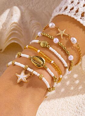 6 Pcs Bohemian Shell Starfish Beaded Bracelet Set for Women