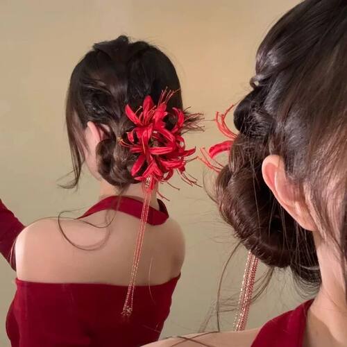 Red Shore Flower Hair Clip New Tassel Design Chinese Ancient