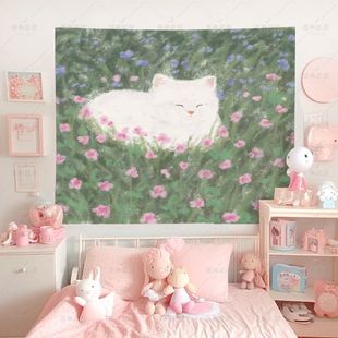 ins少女心挂布花丛猫猫可爱卡通背景墙布出租房床头装饰布挂毯