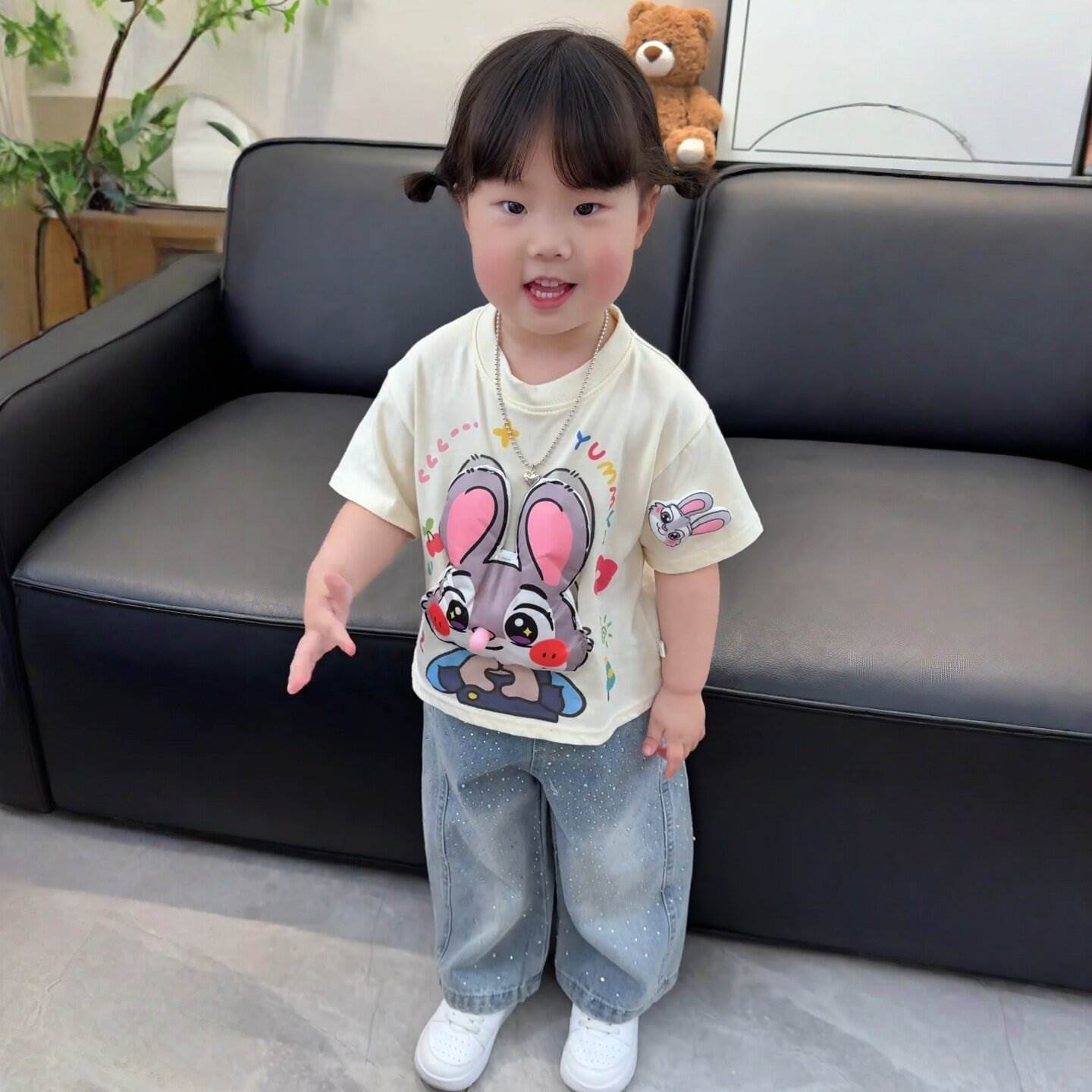 兔子警官短袖女童夏薄款卡通纯棉t恤宝宝立体玩偶吐泡泡宽松半袖