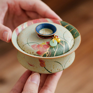 青花火石红盖碗家用陶瓷泡茶碗手绘锦鲤戏荷茶盅高档精致功夫茶具