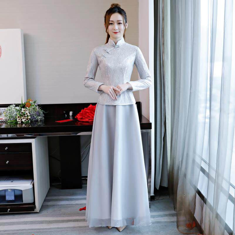 伴娘服中式复古姐妹团旗袍裙2018新款灰色长款晚礼服女毕业典礼装|ruв категории Женская одежда, Cвадебные платья, платье/вечернее платье - от Buy2taobao.com для оказания профессиональной услуги покупки агента Taobao