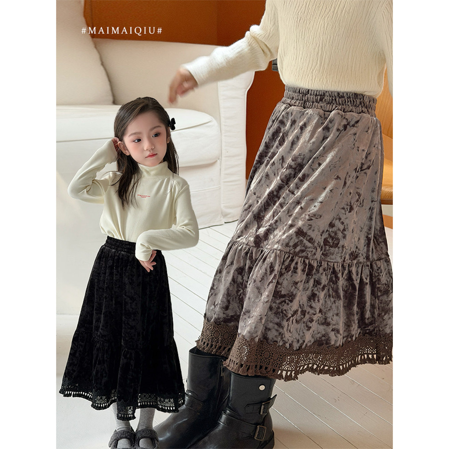 韩国女童2026冬新款中大儿童冬季复古A字裙时髦洋气丝绒半身裙子