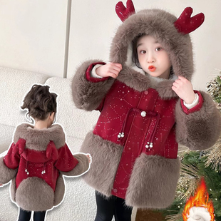 女童加绒呢大衣冬装洋气女孩红色新年外套拜年服国风加厚皮草棉衣