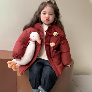 女童加绒羽绒棉服冬装2025新款洋气儿童冬季加厚红色宝宝棉袄外套