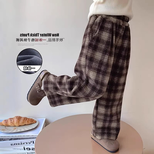 女童加绒裤子2025新款儿童秋冬格子裤洋气小女孩冬装一体绒休闲裤