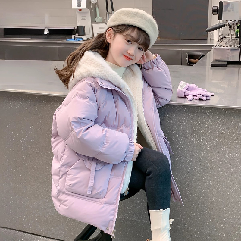 女童棉服冬装2025新款洋气小女孩中长款加厚外套儿童冬季连帽棉袄