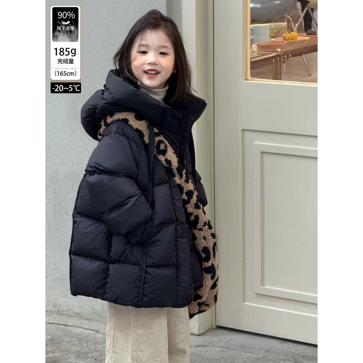 韩国童装25儿童羽绒服女童加厚保暖90白鸭绒连帽花苞帽中长款外套