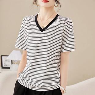 新款 T恤经典 洋气夏季 横条纹打底短袖 百搭宽松显瘦V领ins上衣 女装
