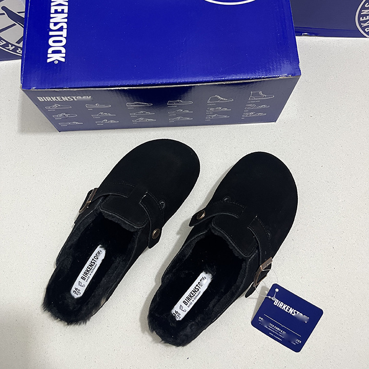 BK加绒钢印真皮勃肯鞋女包头半拖外穿软木底全牛皮懒人鞋软底拖鞋