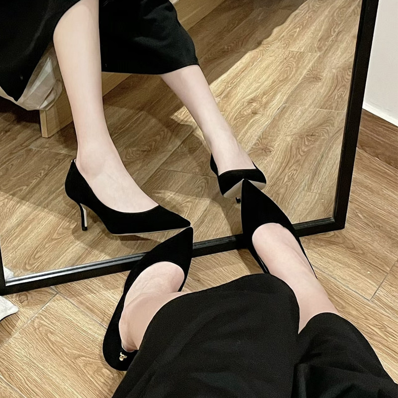 羊绒羊皮女士通勤黑色高跟鞋