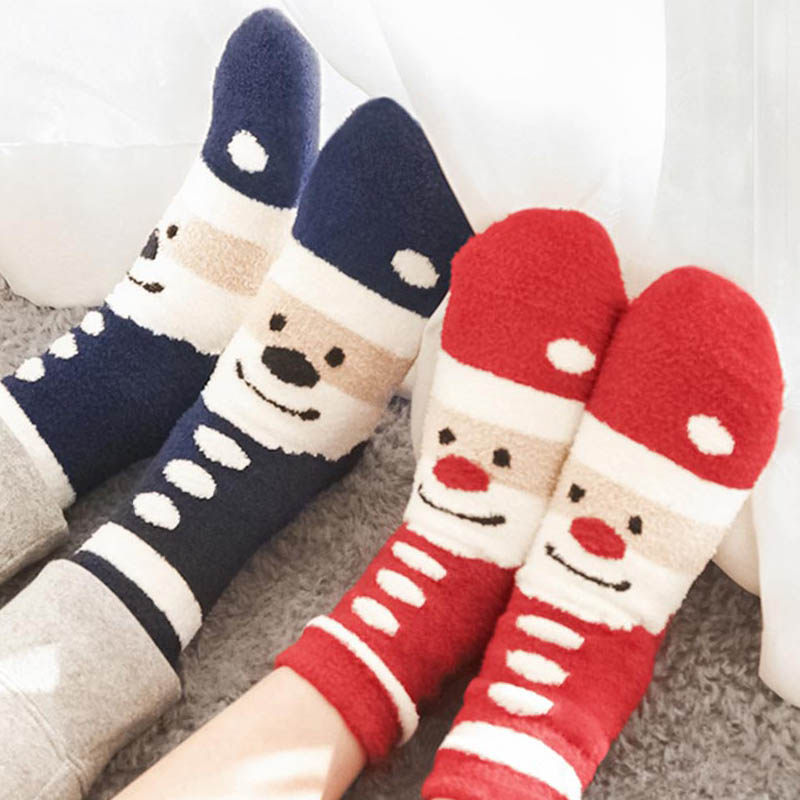 秋冬季珊瑚绒卡通笑脸加厚保暖地板家居圣诞情侣甜美可爱中筒袜