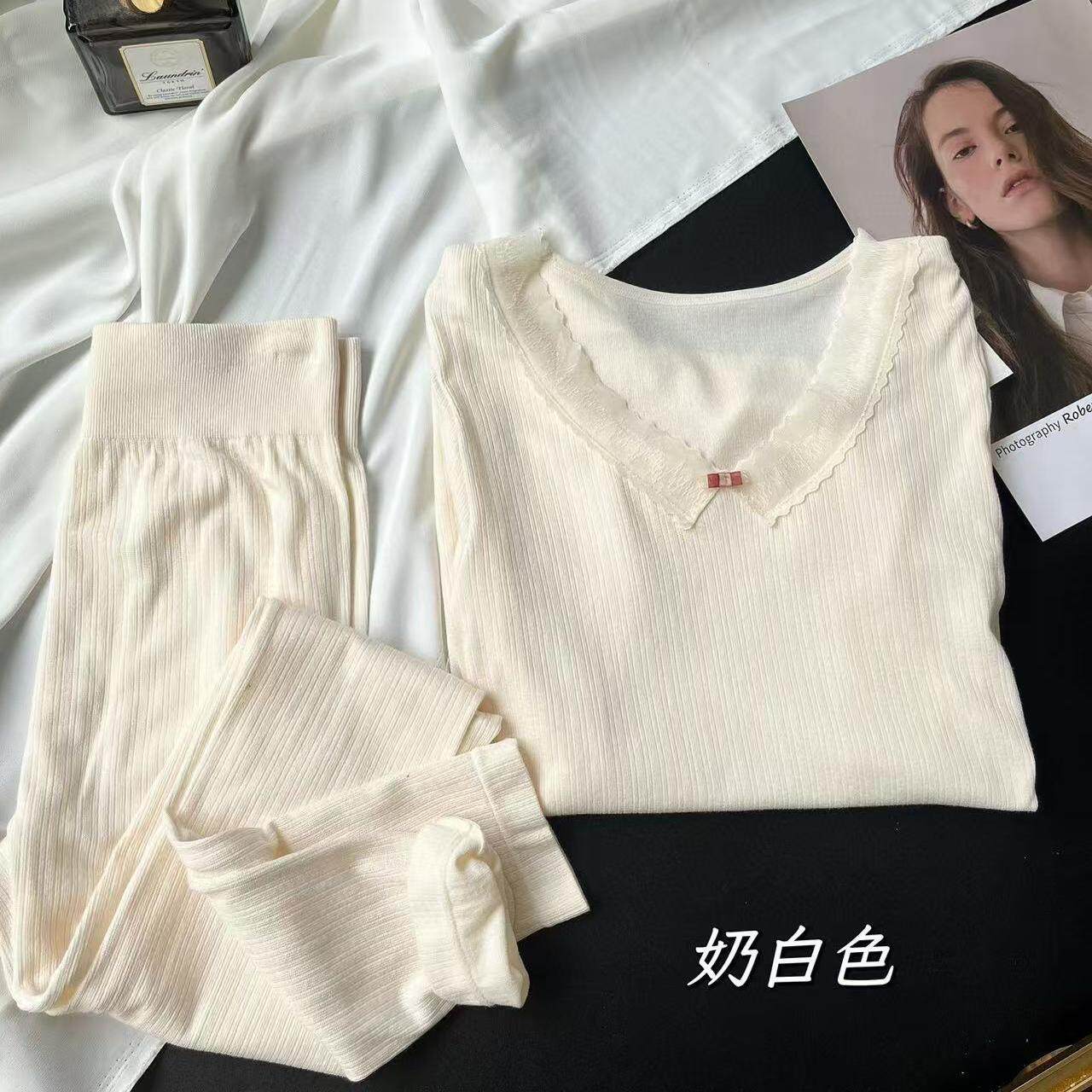 秋冬保暖内衣螺纹高弹力清新蕾丝边发热保暖套装秋衣秋裤女士9085