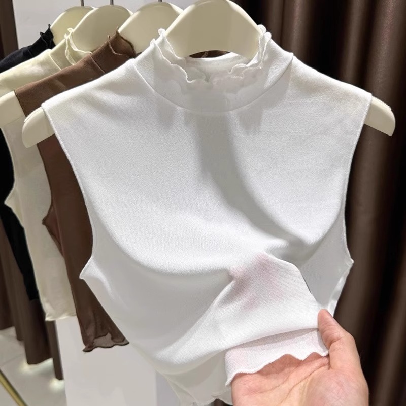 修身显瘦无袖半高领上衣背心短款网纱打底内搭小衫木耳边领子百搭