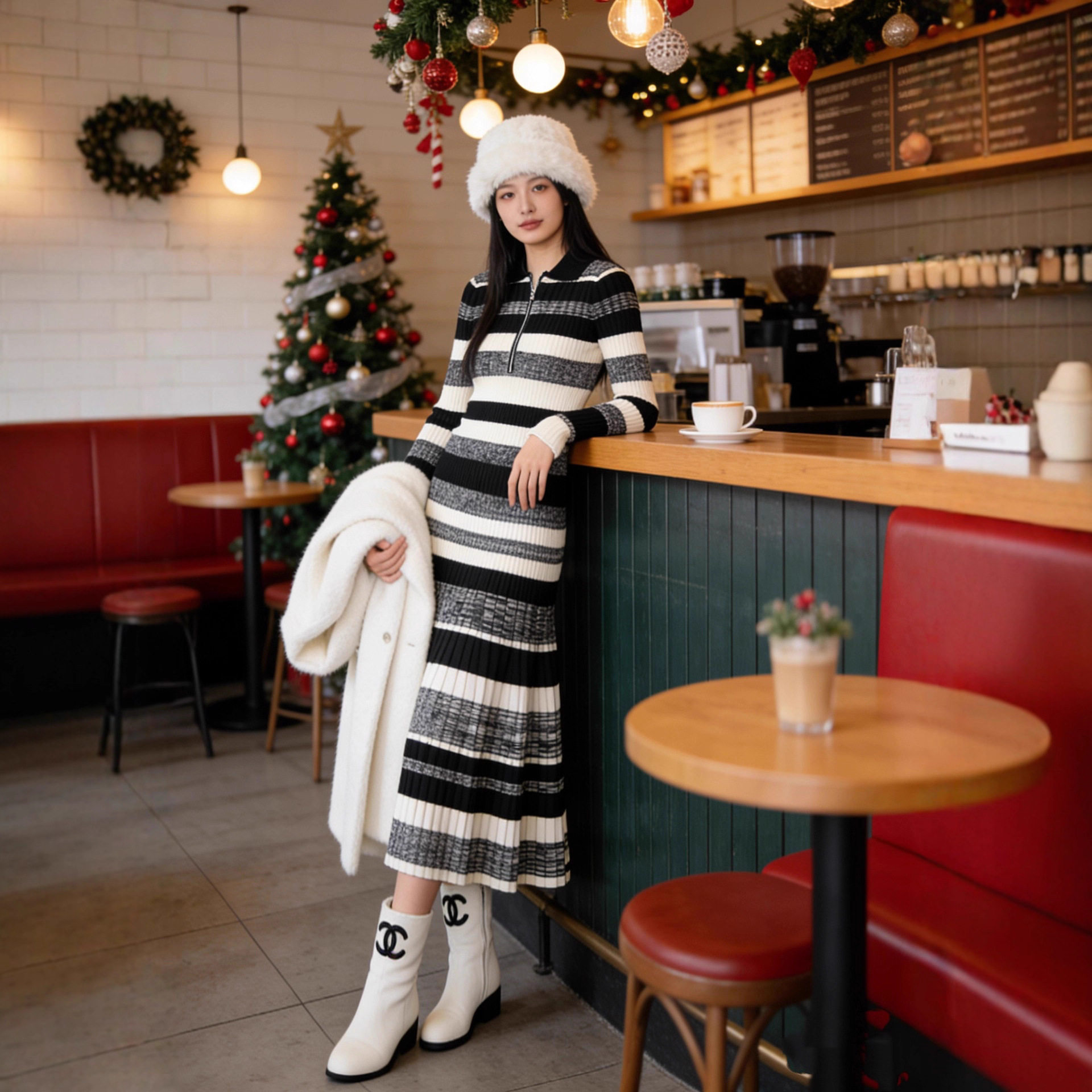 南油高端女装圣诞氛围黑白条纹针织套装女拉链翻领收腰显瘦俩件套